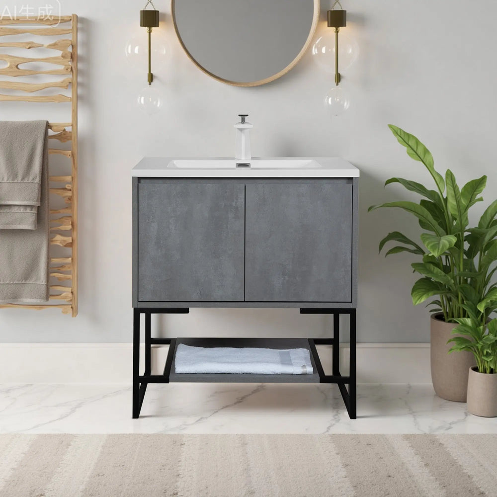Allen 30'' Freestanding Single Vanity with Solid Surface Basin, Cement Grey TONA Bathroom Furniture