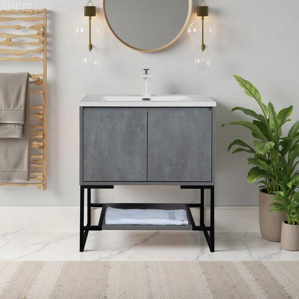 Allen 30'' Freestanding Single Vanity with Solid Surface Basin, Cement Grey TONA Bathroom Furniture