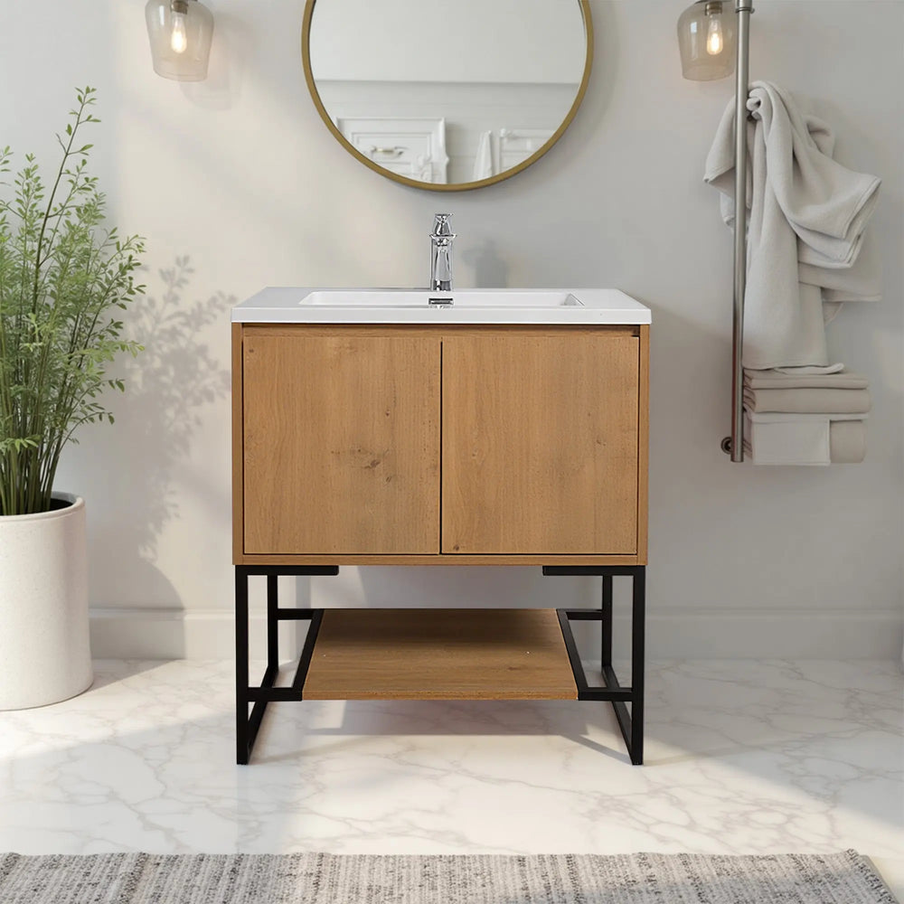 Allen 30'' Freestanding Single Vanity with Solid Surface Basin, T.Oak TONA Bathroom Furniture