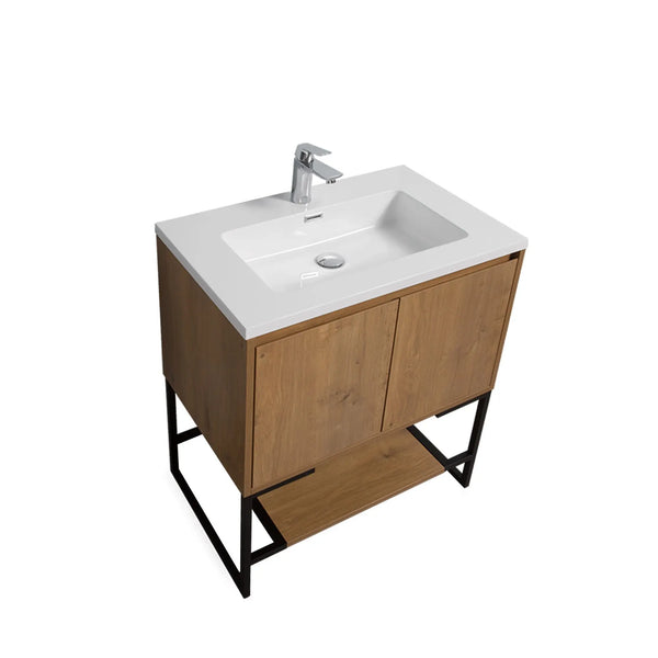 Allen 30'' Freestanding Single Vanity with Solid Surface Basin, T.Oak TONA Bathroom Furniture