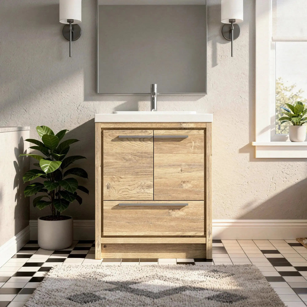 Allier 30'' Nature oak Freestanding Vanity with Gloss White Resin Stone Single Sink TONA Bathroom Furniture