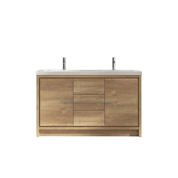 Allier 60'' Nature oak Freestanding Vanity with Gloss White Resin Stone Double Sink TONA Bathroom Furniture
