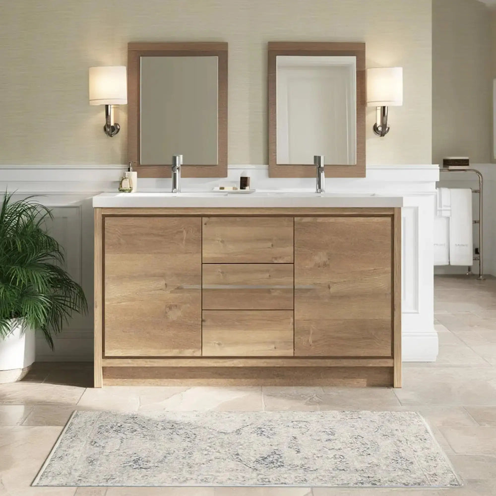 Allier 60'' Nature oak Freestanding Vanity with Gloss White Resin Stone Double Sink TONA Bathroom Furniture