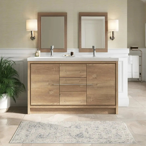 Allier 60'' Nature oak Freestanding Vanity with Gloss White Resin Stone Double Sink TONA Bathroom Furniture