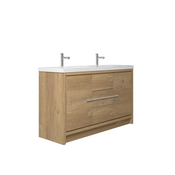 Allier 60'' Nature oak Freestanding Vanity with Gloss White Resin Stone Double Sink TONA Bathroom Furniture