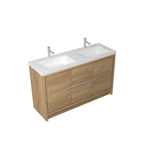 Allier 60'' Nature oak Freestanding Vanity with Gloss White Resin Stone Double Sink TONA Bathroom Furniture