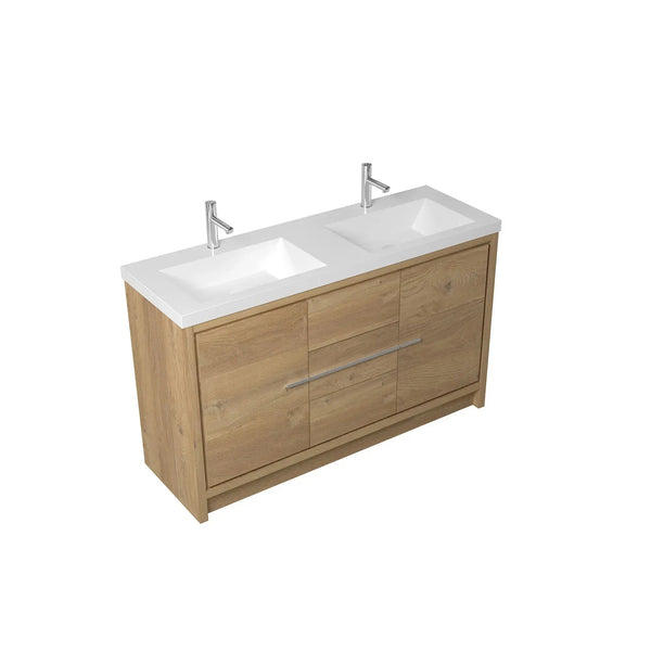 Allier 60'' Nature oak Freestanding Vanity with Gloss White Resin Stone Double Sink TONA Bathroom Furniture