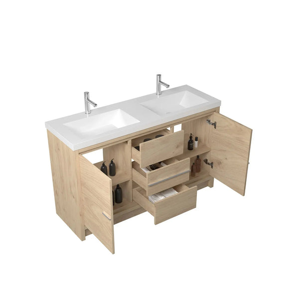 Allier 60'' Nature oak Freestanding Vanity with Gloss White Resin Stone Double Sink TONA Bathroom Furniture