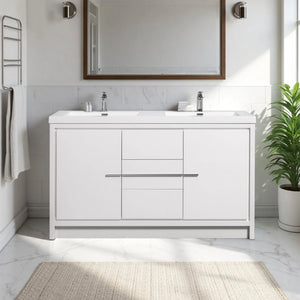 Allier 60'' White Freestanding Vanity with Double White Glossy Sink TONA Bathroom Furniture