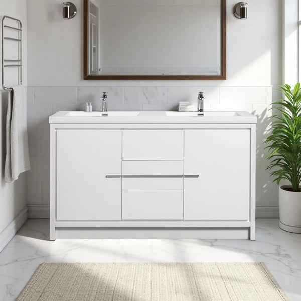 Allier 60'' White Freestanding Vanity with Double White Glossy Sink TONA Bathroom Furniture