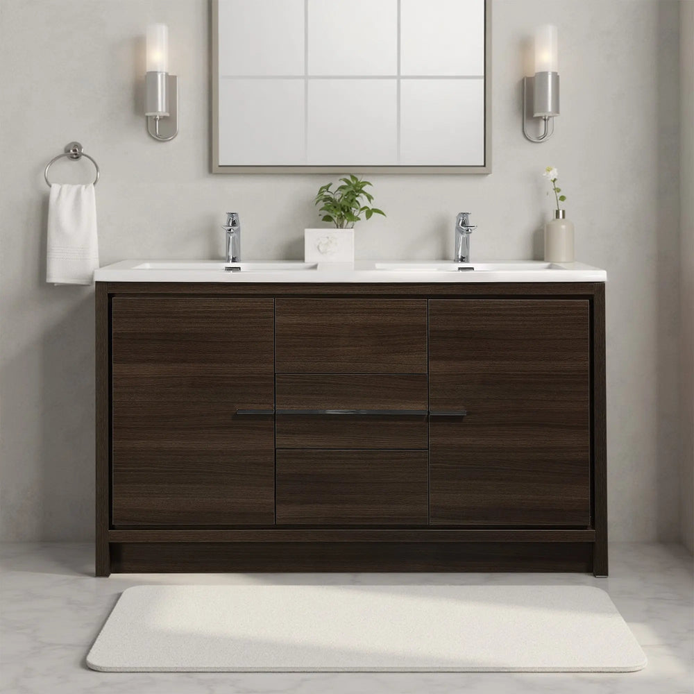 Allier 60'' G.oak Freestanding Vanity with Double White Glossy Sink TONA Bathroom Furniture