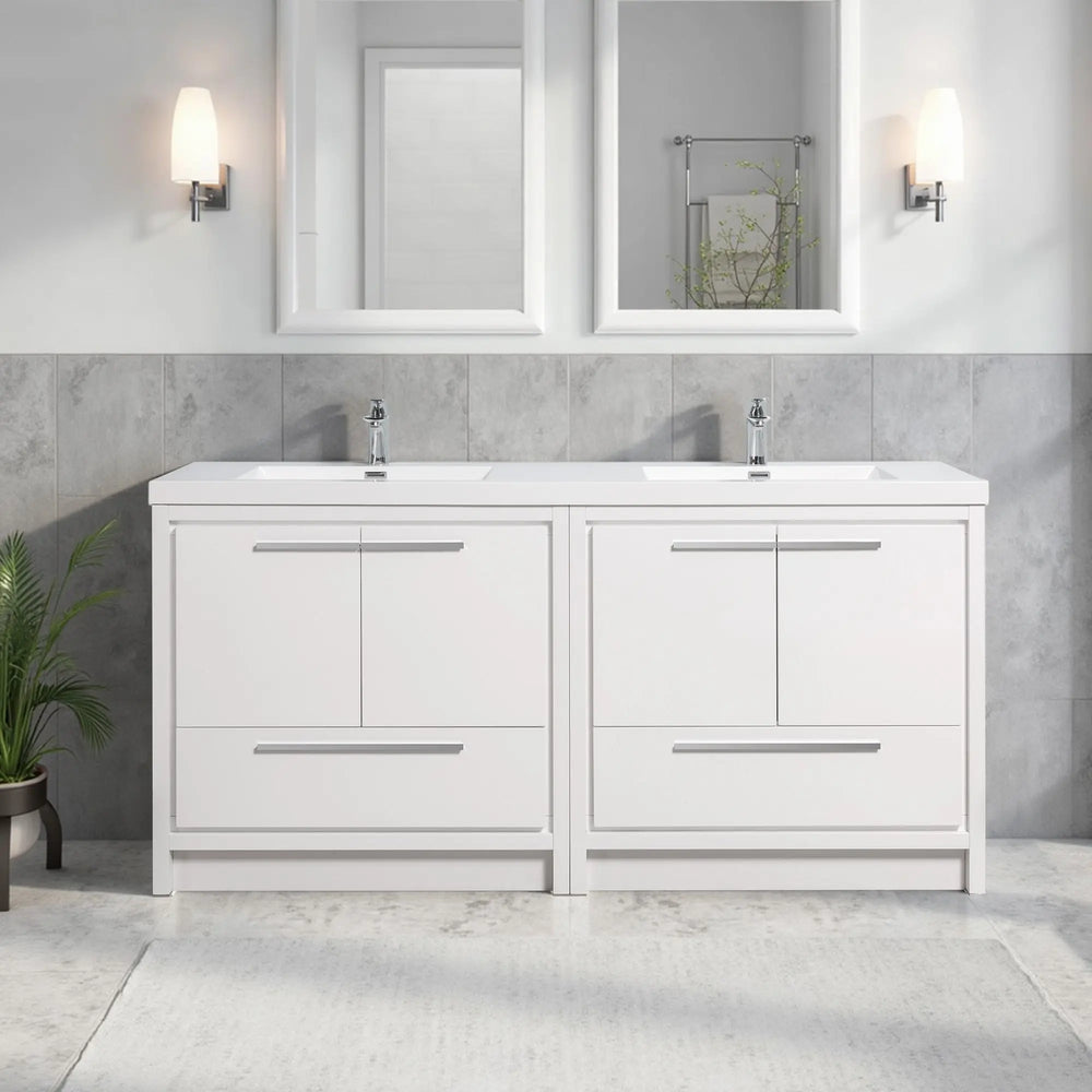 Allier 72'' White Freestanding Vanity with Double White Glossy Sink TONA Bathroom Furniture
