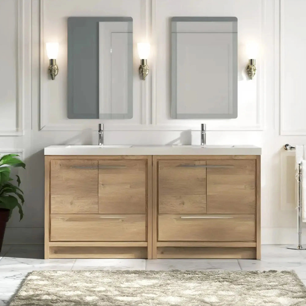 Allier 72'' Nature oak Freestanding Vanity with Gloss White Resin Stone Double Sink TONA Bathroom Furniture