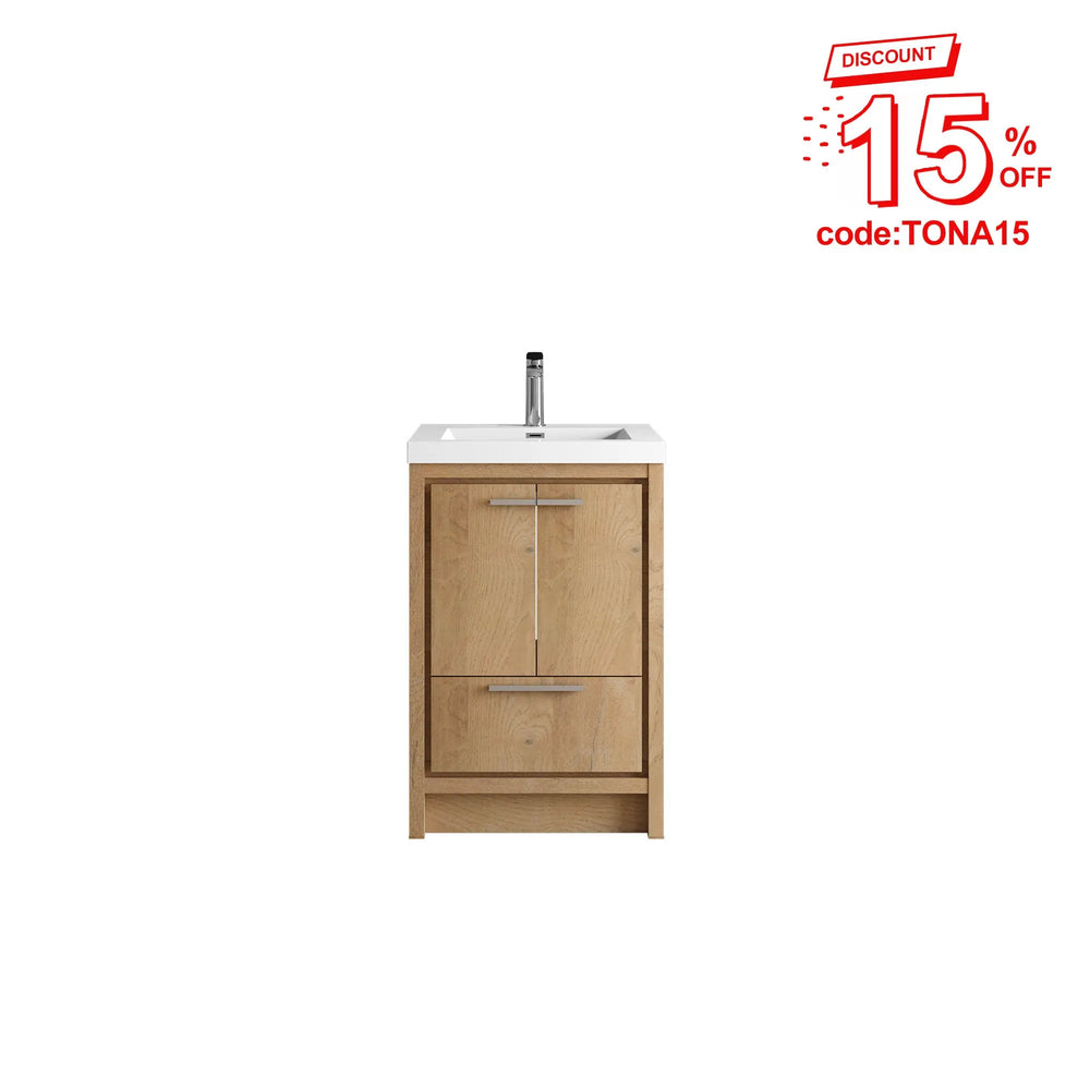 Allier 24'' Nature oak Freestanding Vanity with Gloss White Resin Stone Single Sink TONA Bathroom Furniture