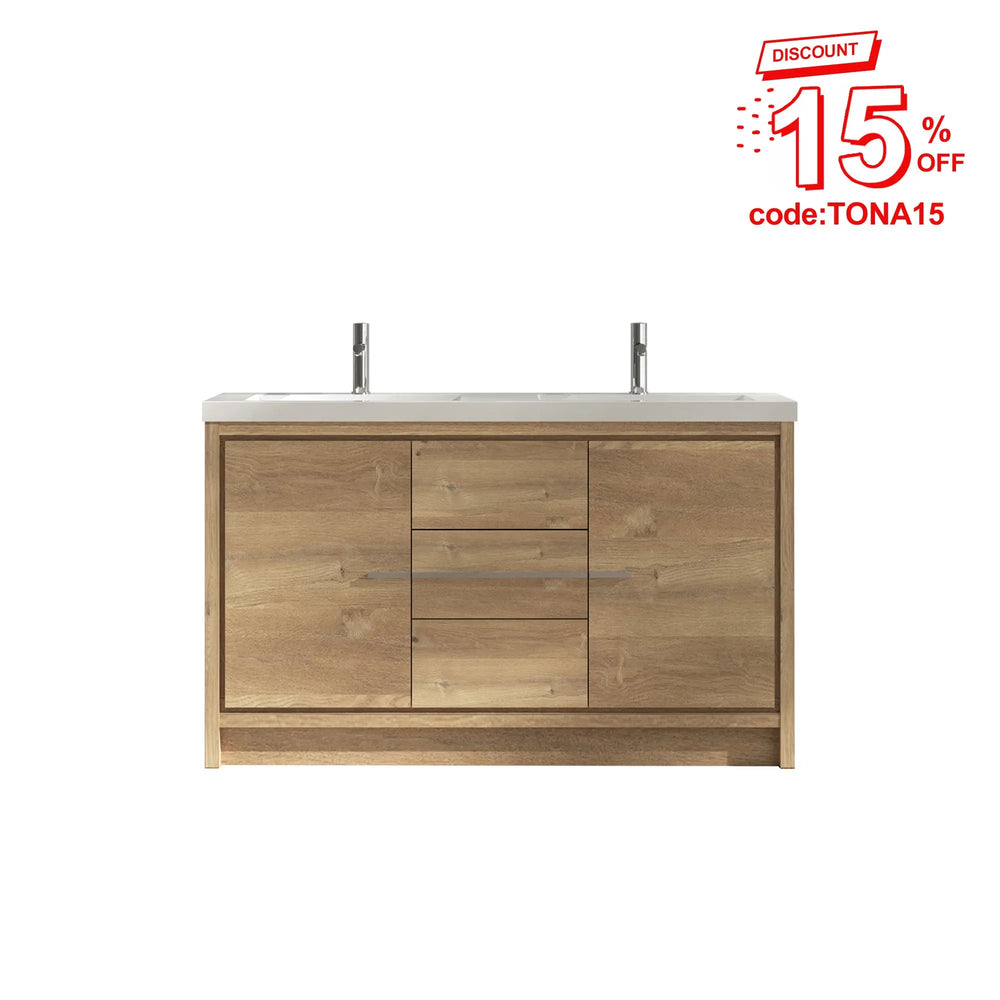 Allier 60'' Nature oak Freestanding Vanity with Gloss White Resin Stone Double Sink TONA Bathroom Furniture
