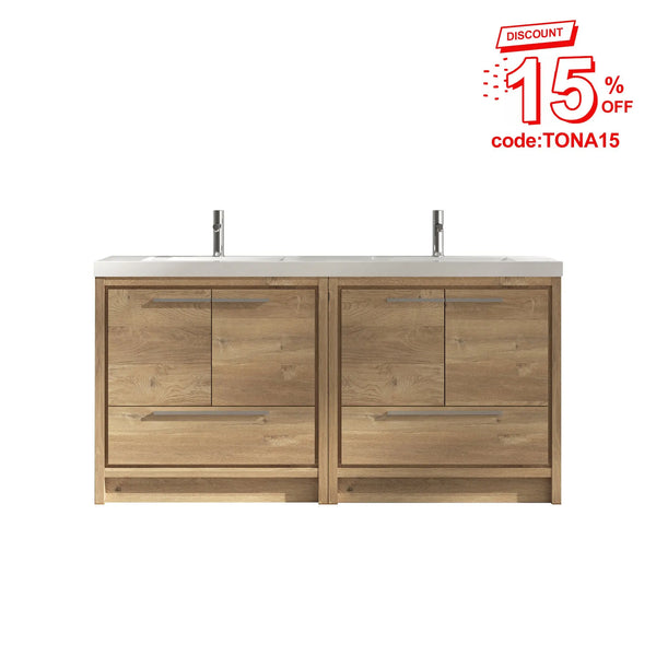 Allier 72'' Nature oak Freestanding Vanity with Gloss White Resin Stone Double Sink TONA Bathroom Furniture