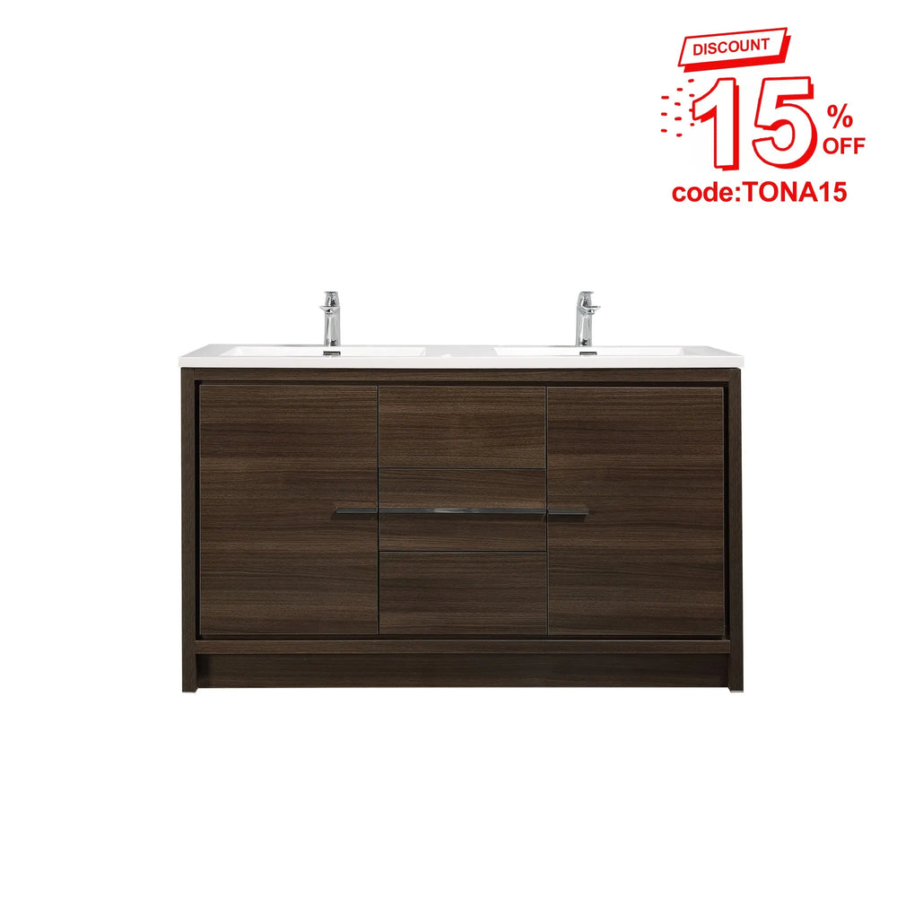 Allier 60'' G.oak Freestanding Vanity with Double White Glossy Sink TONA Bathroom Furniture