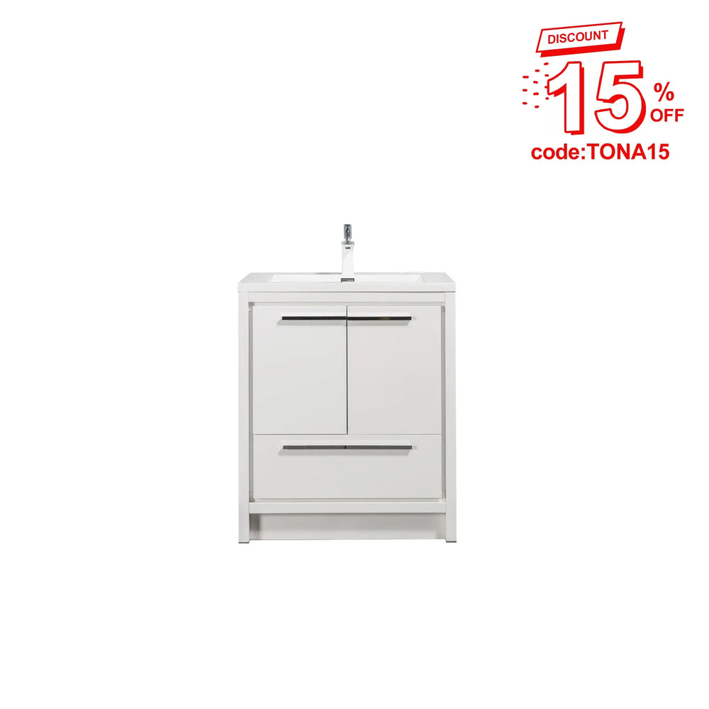 Allier 30'' White Freestanding Vanity with Single White Glossy Sink TONA Bathroom Furniture
