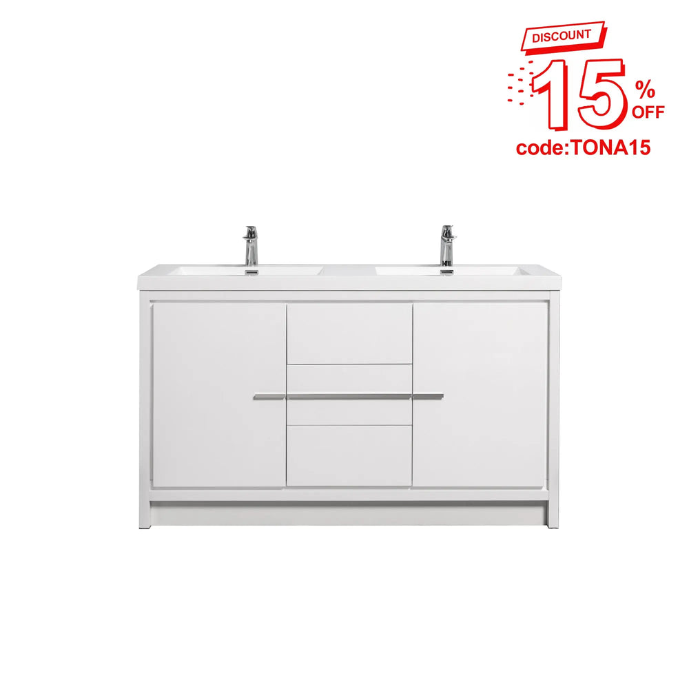 Allier 60'' White Freestanding Vanity with Double White Glossy Sink TONA Bathroom Furniture