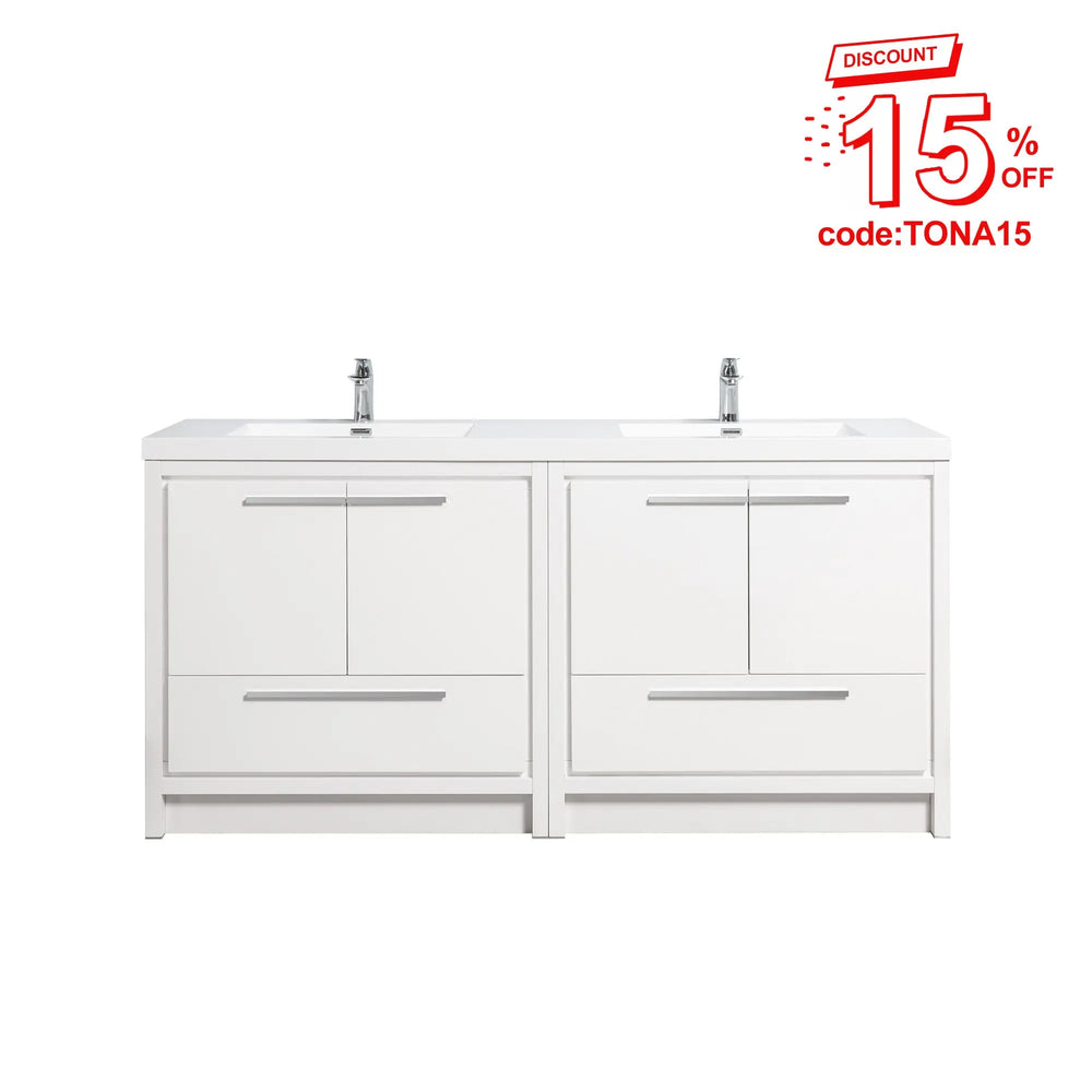 Allier 72'' White Freestanding Vanity with Double White Glossy Sink TONA Bathroom Furniture
