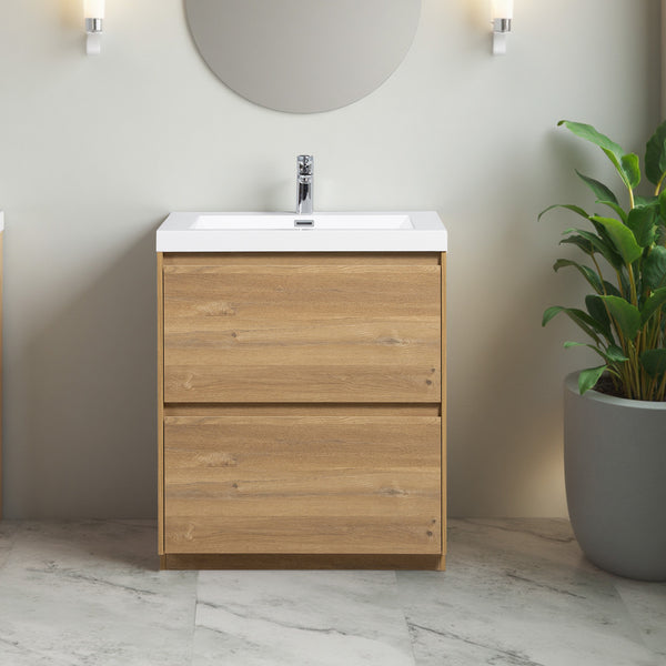 Angela-T 24'' Single Sink Bathroom Vanity with White Countertop in Natural Oak