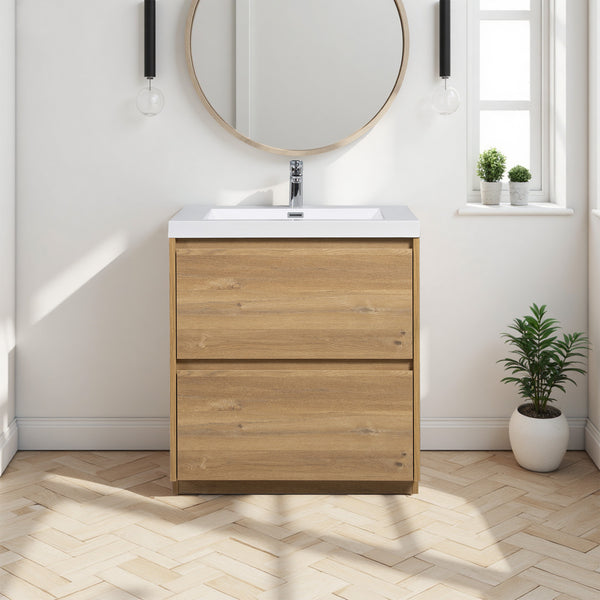 Angela-T 30'' Single Sink Bathroom Vanity with White Countertop in Natural Oak