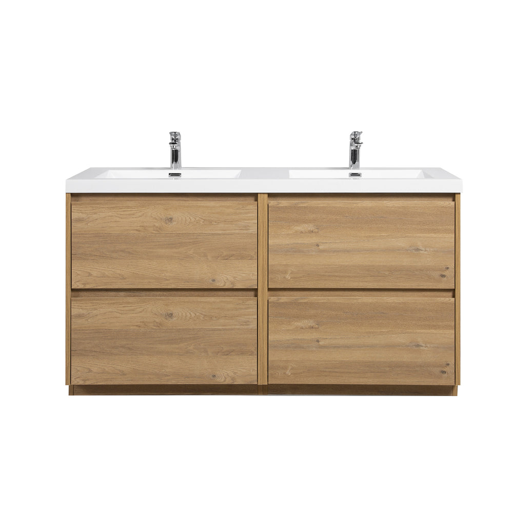Angela-T 60'' Double Sink Dual-Unit Design Bathroom Vanity with White Countertop in Natural Oak