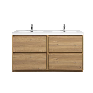 Angela-T 60'' Double Sink Dual-Unit Design Bathroom Vanity with White Countertop in Natural Oak
