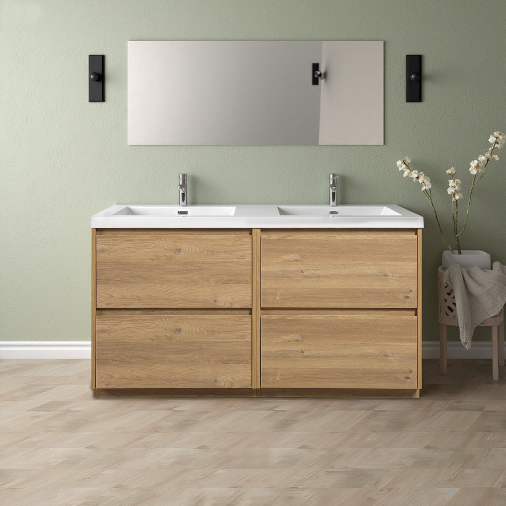 Angela-T 60'' Double Sink Dual-Unit Design Bathroom Vanity with White Countertop in Natural Oak