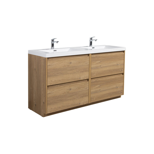 Angela-T 60'' Double Sink Dual-Unit Design Bathroom Vanity with White Countertop in Natural Oak