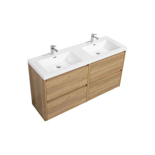 Angela-T 60'' Double Sink Dual-Unit Design Bathroom Vanity with White Countertop in Natural Oak