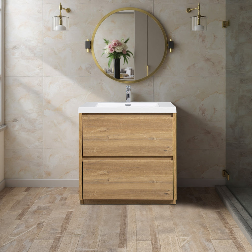 Angela-T 36'' Single Sink Bathroom Vanity with White Countertop in Natural Oak