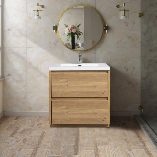 Angela-T 36'' Single Sink Bathroom Vanity with White Countertop in Natural Oak