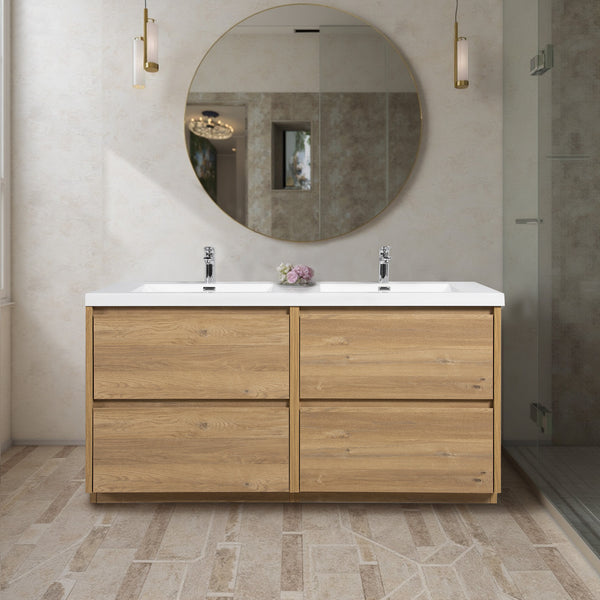 Angela-T 72'' Double Sink Dual-Unit Design Bathroom Vanity with White Countertop in Natural Oak