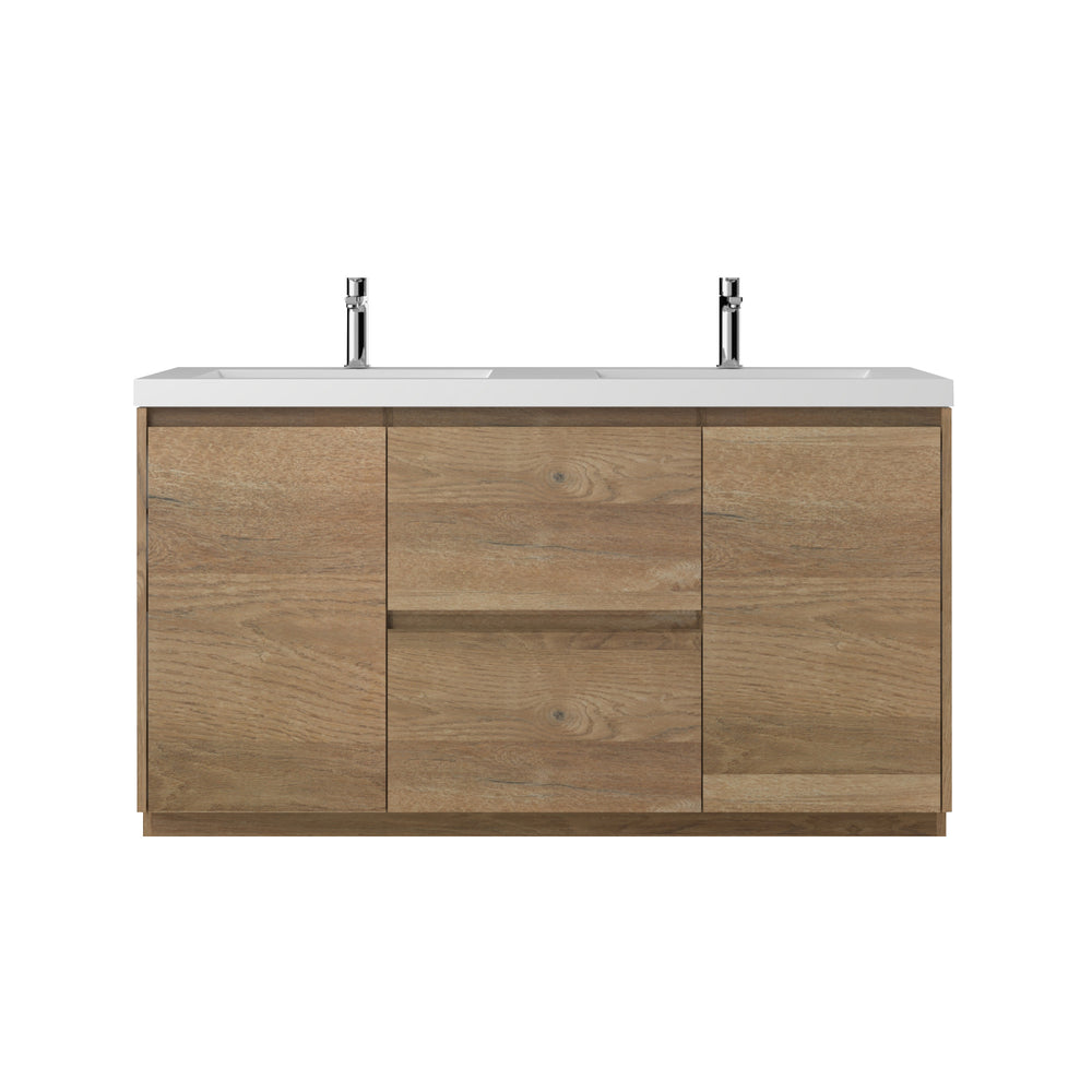 Angela-T 60'' Double Sink Integrated Bathroom Vanity with White Countertop in Natural Oak