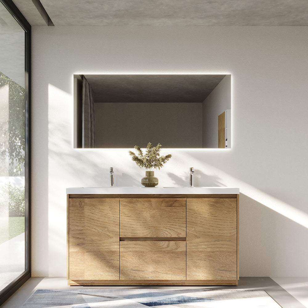 Angela-T 60'' Double Sink Integrated Bathroom Vanity with White Countertop in Natural Oak
