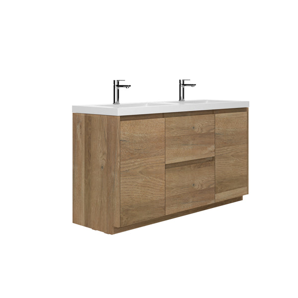 Angela-T 60'' Double Sink Integrated Bathroom Vanity with White Countertop in Natural Oak