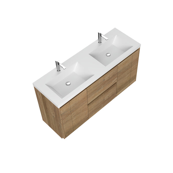 Angela-T 60'' Double Sink Integrated Bathroom Vanity with White Countertop in Natural Oak