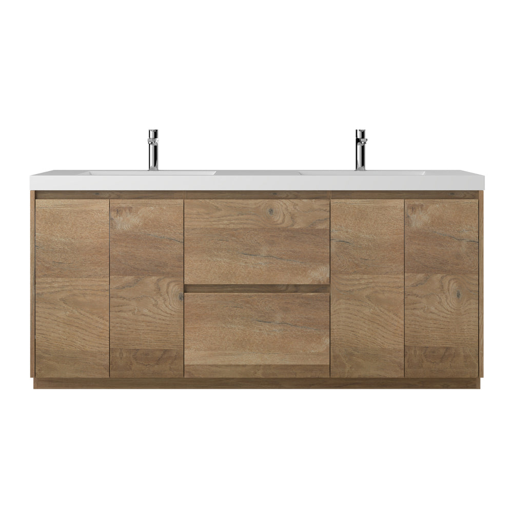 Angela-T 72'' Double Sink Integrated Bathroom Vanity with White Countertop in Natural Oak