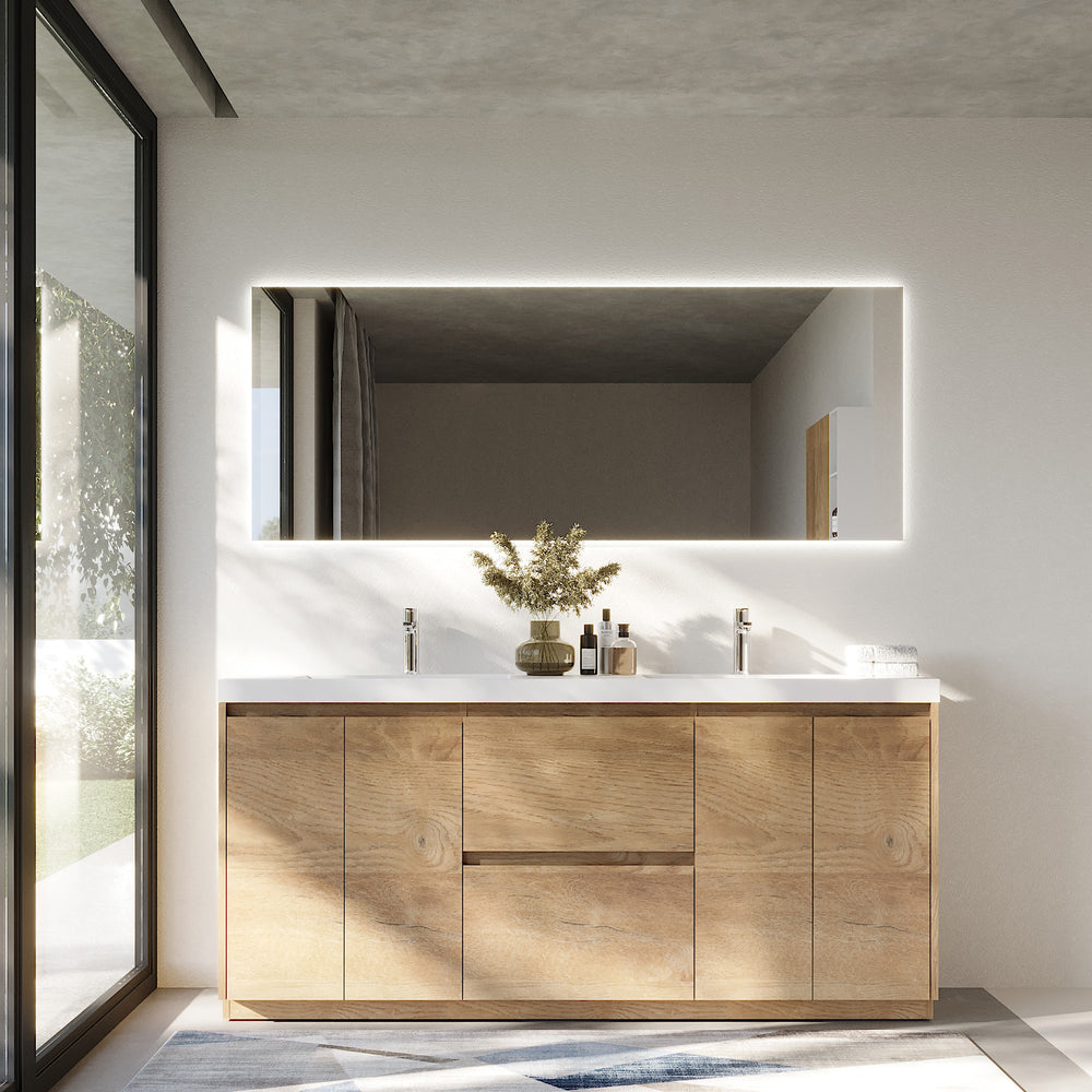 Angela-T 72'' Double Sink Integrated Bathroom Vanity with White Countertop in Natural Oak