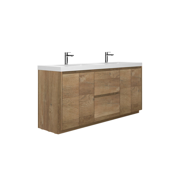 Angela-T 72'' Double Sink Integrated Bathroom Vanity with White Countertop in Natural Oak