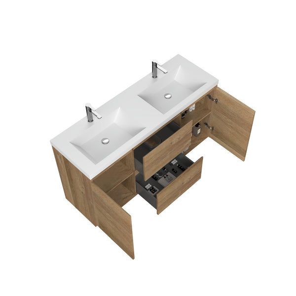 Angela-T 60'' Double Sink Integrated Bathroom Vanity with White Countertop in Natural Oak
