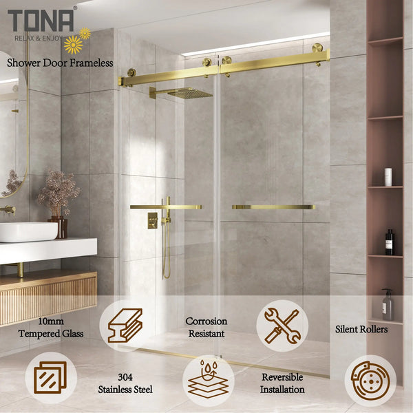 Brushed Gold 56-60" x 76" Double Sliding Shower Door, Frameless 3/8" Tempered Glass TONA Bathroom Furniture