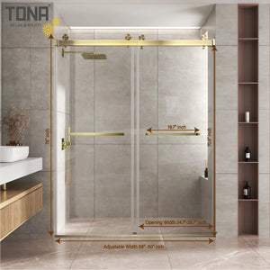 Brushed Gold 56-60" x 76" Double Sliding Shower Door, Frameless 3/8" Tempered Glass TONA Bathroom Furniture