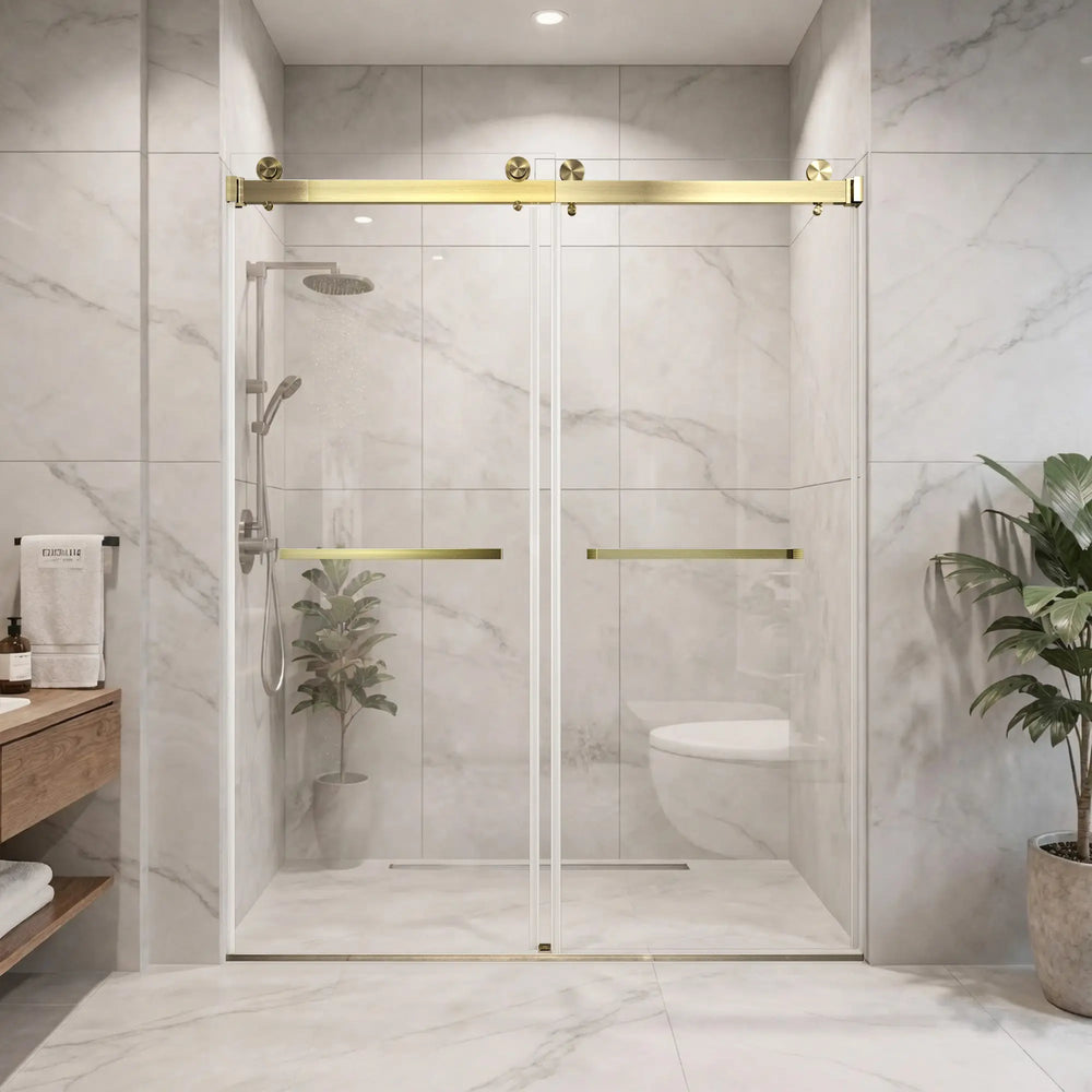 Brushed Gold 56-60" x 76" Double Sliding Shower Door, Frameless 3/8" Tempered Glass TONA Bathroom Furniture