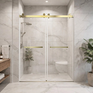 Brushed Gold 56-60" x 76" Double Sliding Shower Door, Frameless 3/8" Tempered Glass TONA Bathroom Furniture
