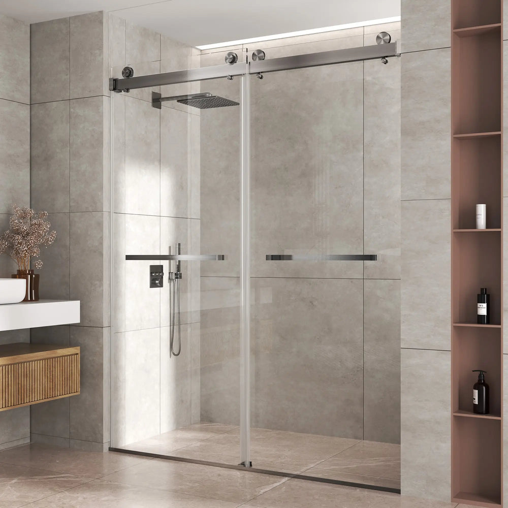 Brushed Nickel 56-60" x 76" Double Sliding Shower Door, Frameless 3/8" Tempered Glass TONA Bathroom Furniture
