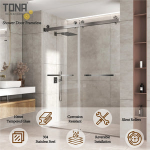 Brushed Nickel 56-60" x 76" Double Sliding Shower Door, Frameless 3/8" Tempered Glass TONA Bathroom Furniture