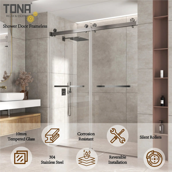 Brushed Nickel 56-60" x 76" Double Sliding Shower Door, Frameless 3/8" Tempered Glass TONA Bathroom Furniture