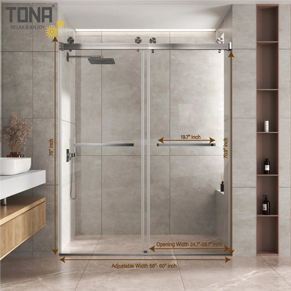 Brushed Nickel 56-60" x 76" Double Sliding Shower Door, Frameless 3/8" Tempered Glass TONA Bathroom Furniture
